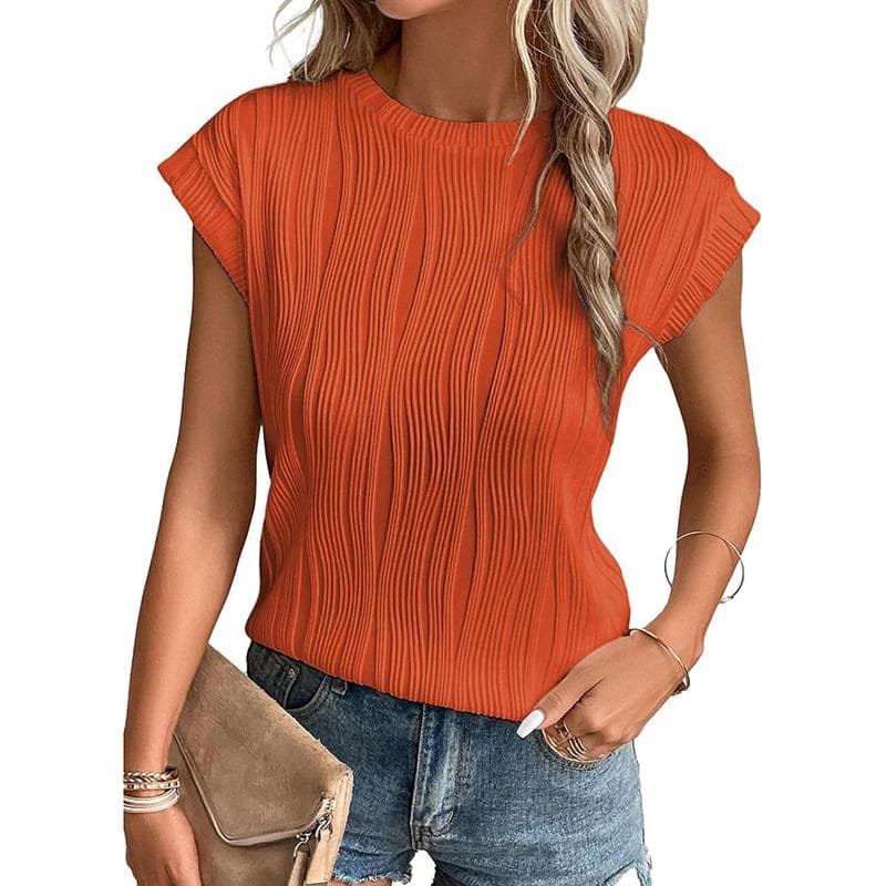 Crew Neck Short Sleeve for Women Summer Pleated Print Solid Short Sleeve Casual Fashion T-shirt Breathable Lightweight Comfortable Work Vacation Top S