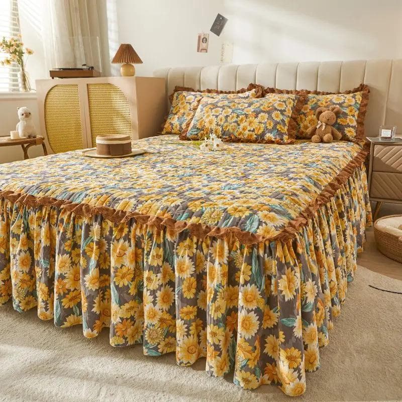 3pcs Floral Pattern Cotton Bed Skirt Seasonal Universal Thick Bed Sheets Ruffle Edge Skirt Hem Anti Slip Dustproof Bedspread 150x200cm 3pcs