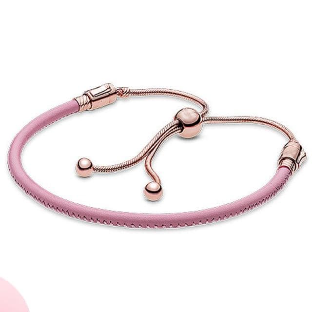 Pink and Black Leather with Adjustable Sliding Clasp Bangle Bracelet Beaded Jewelry