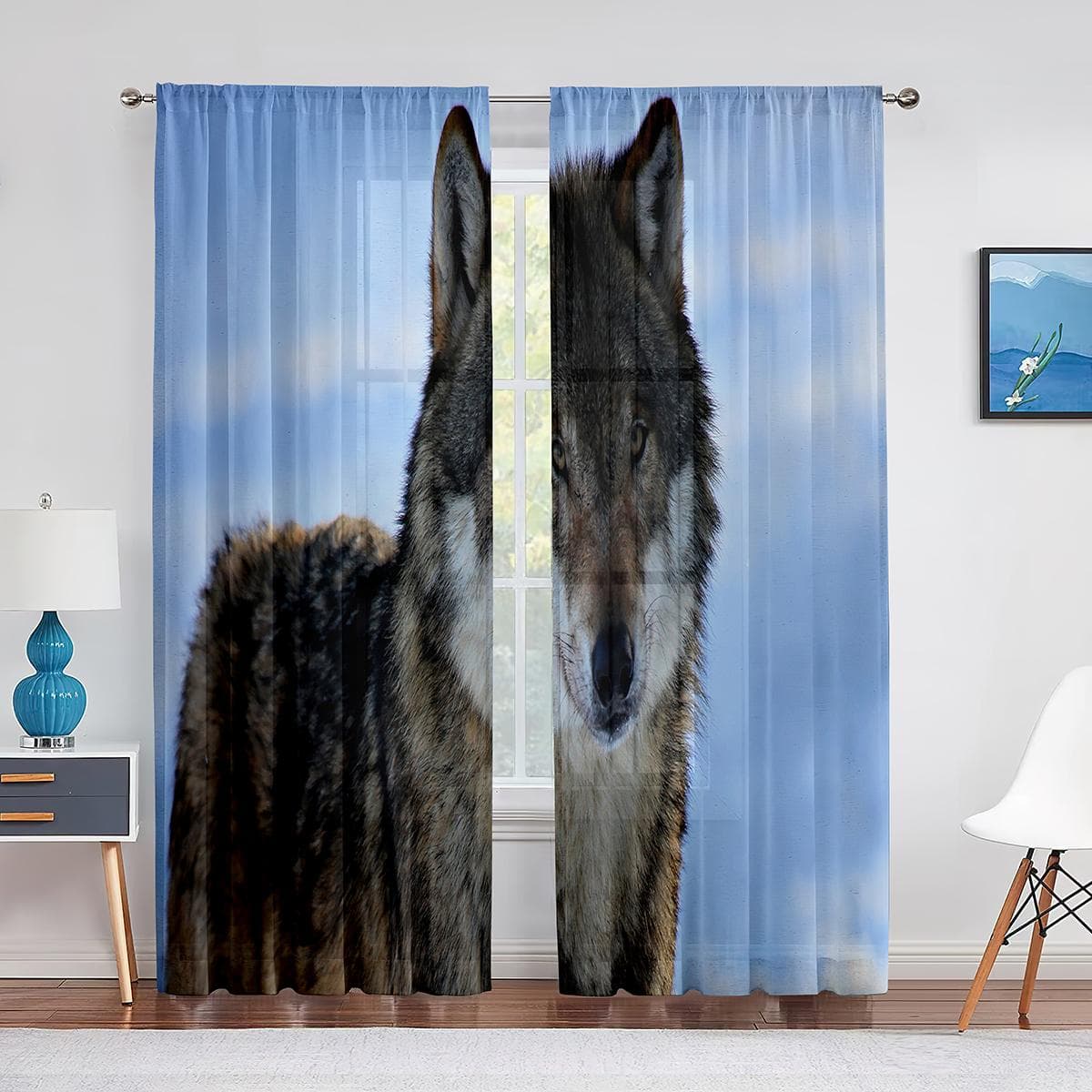 Wolf Forest Animal Galaxy Planet Moon Starry Blue Sky Tulle Voile Curtains for Bedroom Window Sheer Curtain Living Room Drapes 1 PCS W100XH250cm&Grommet Top
