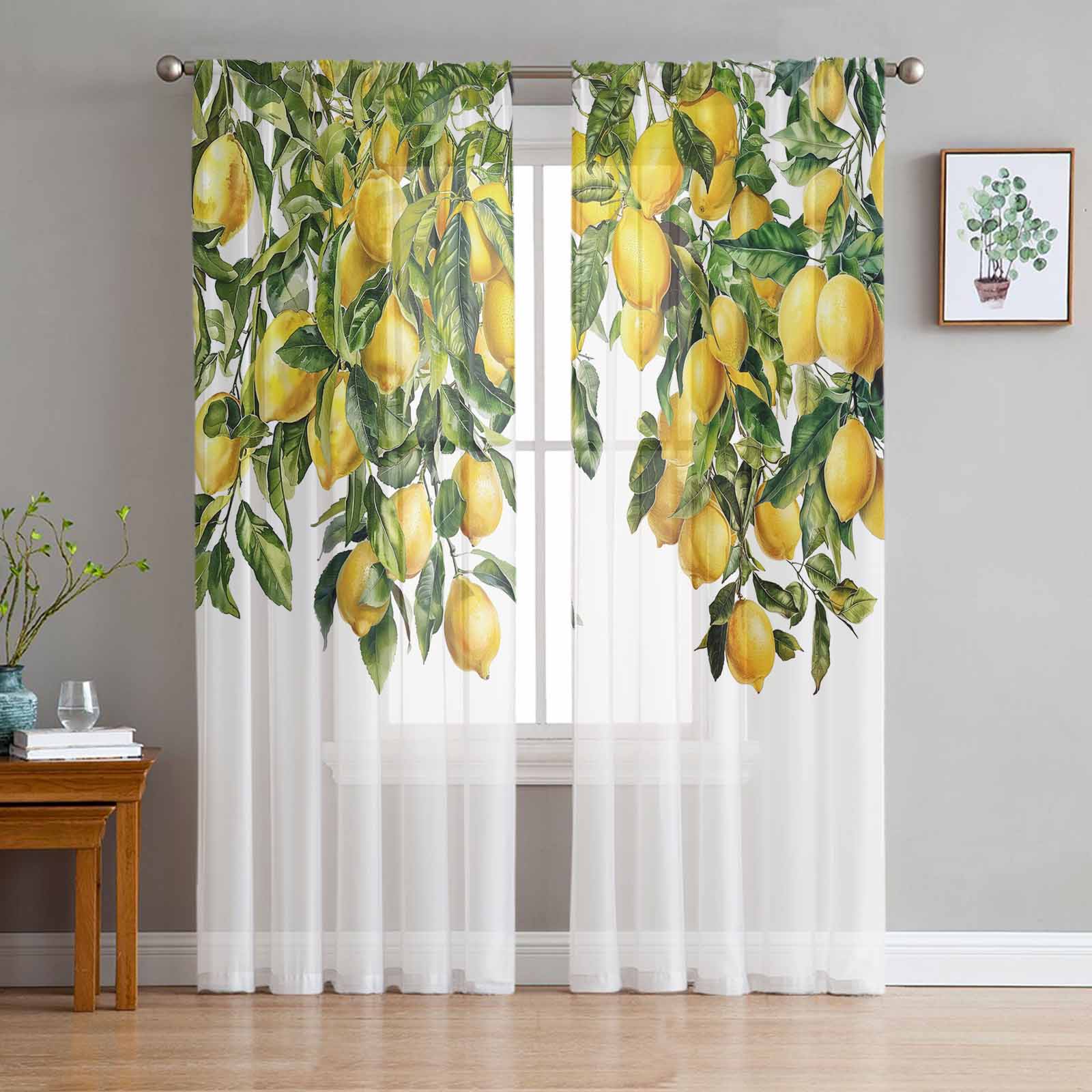 Summer Watercolor Lemon Tulle Window Curtains for Bedroom Luxury Home Decor Drapes in Living Room Chiffon Panels 135W x 114H(cm)