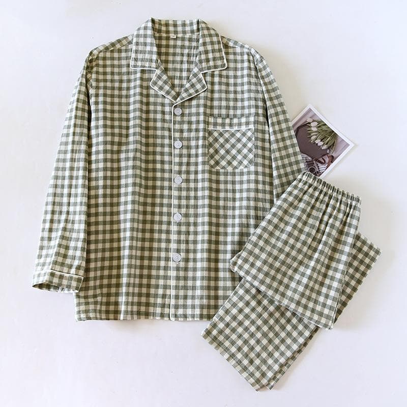 New Japanese Spring and Autumn Couple Pajama Set 100% Cotton Men's and Women's Plaid Long Sleeve Two Piece Home Furnishing L