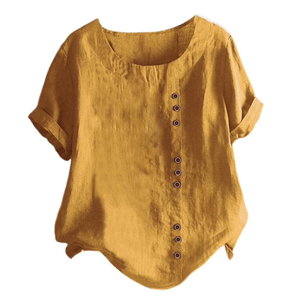 Short-sleeve Button-up Blouse Stylish Women's Summer Tops with Round Neck Button Detail Loose Fit T-shirt in for Casual for A S yellow