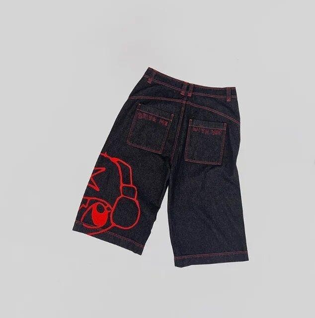 Unisex Y2K Jeans Men Women Hip Hop Cartoon Graphics Streetwear Retro Patchwork Denim Short Retro Loose Denim Casual Shorts XXL