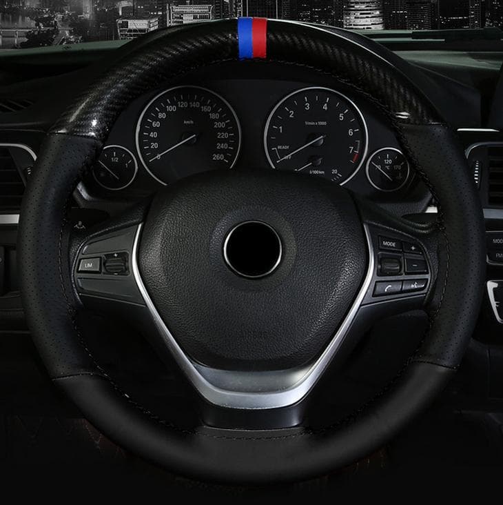38CM Hand Sewing Black Carbon Fiber & PU Leather Car Steering Wheel Cover Trim