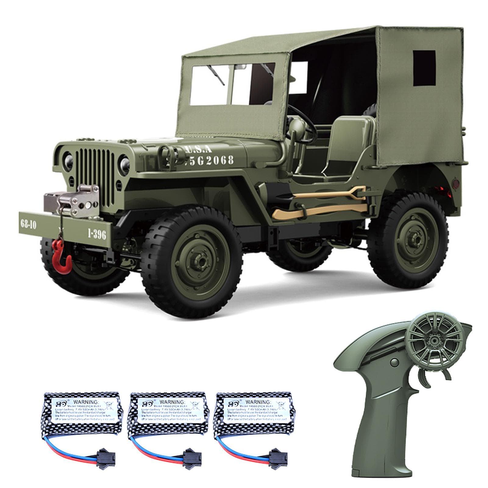 Remote Control Car, 2.4Ghz 4WD Off Road Rock Crawler Vehicle with Lights Canvas Cover, 1:10 All 3 Battery army green