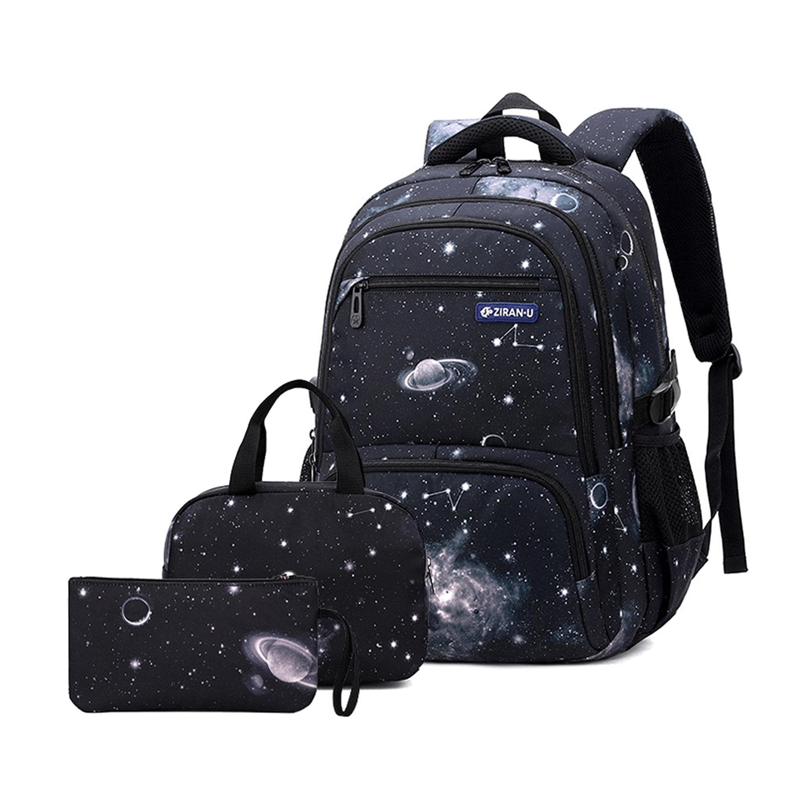 Primary and Secondary School Students Backpack Waterproof Schoolbag with Lunch Bag and Pen Bag black