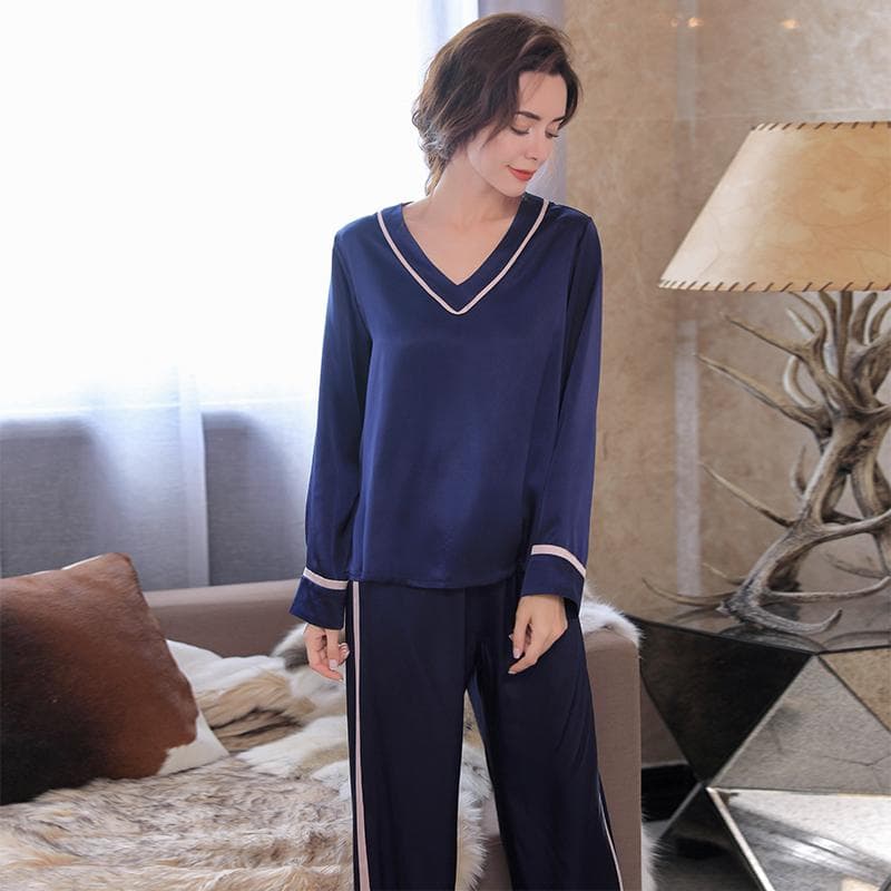 Long Sleeve Silk Pajamas Women's Set Comfortable Women's Pajamas Solid Color Casual Pajamas Set Luxurious Top and Pants Pajamas XL blue