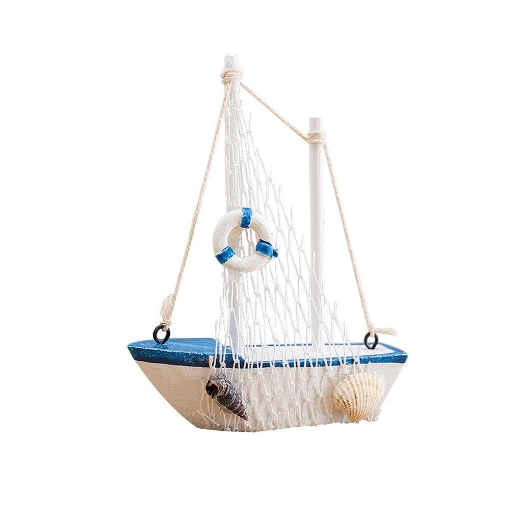 1pc Mini Mediterranean Style Marine Nautical Wooden Blue Sailing Boat Ship Wood Crafts Sailboat Ornaments Party Room Home Decoration Lifebuoy