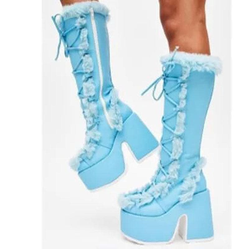 Winter Women Snow Boots Platform Wedge High Heel Faux Fur Lady Shoes Female Plush Warm Non-slip Mid Calf Boots Goth Shoes 38 blue