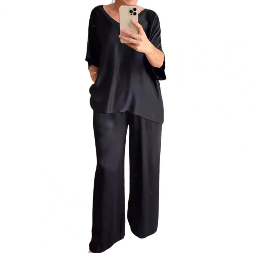 Women Wide Leg Trousers Suit Elegant Satin Top Wide Leg Pants Set for Women V Neck Blouse with Drawstring Waist Loose for Ladies L black