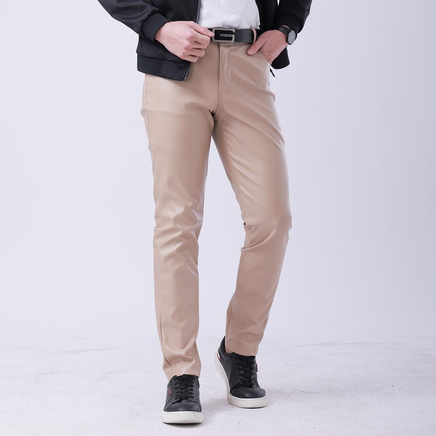 Thin Leather Pants Men's Moto Pants Spring Summer Fashion Color Elastic Slim Fit PU Trousers Windproof Waterproof Man Bottoms 36 khaki