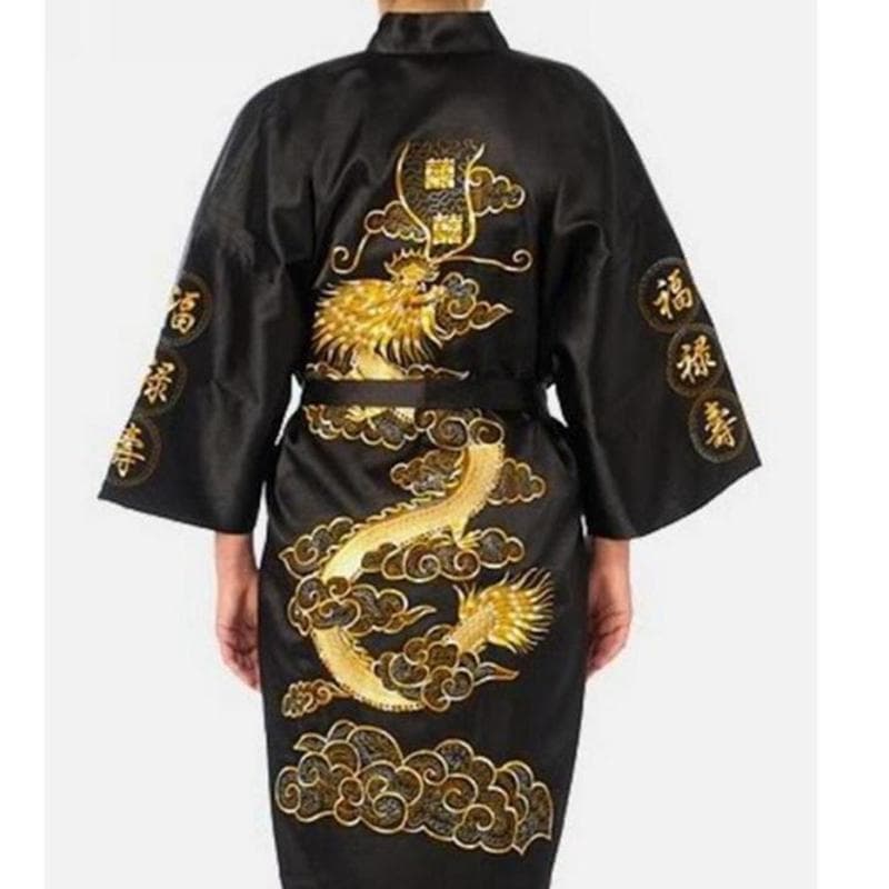Silk Pajamas Robe Embroidery Dragon Kimono Bath Gown Sleepwear Nightgown Pajama L black