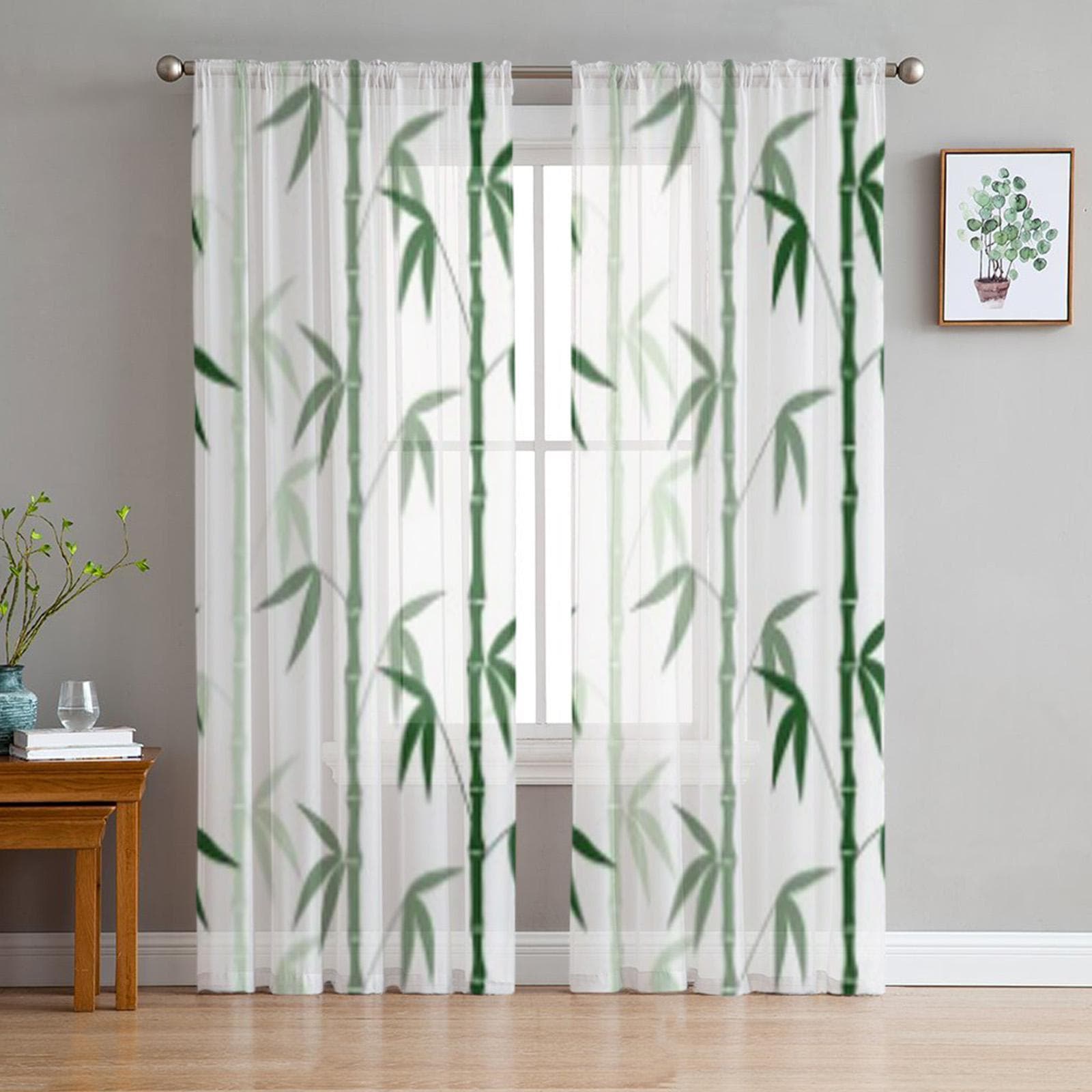 Abstract Bamboo Pattern White Tulle Sheer Curtains for Living Room the Room Bedroom Kitchen Decoration Voile Organza Curtains 135W x 114H(cm)