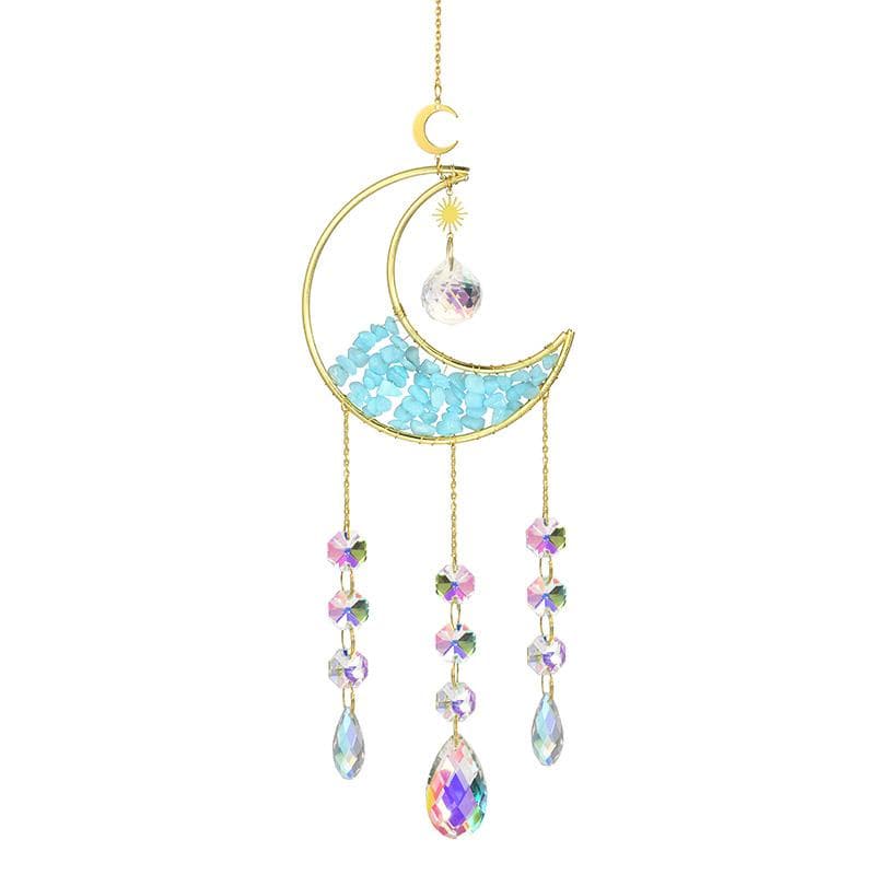 Moon Suncatcher Crystal Wind Chime Gold Moon Metal Hanging Pendant Diamond Rainbow Sun Catcher Window Car Hanging Garden Decor blue