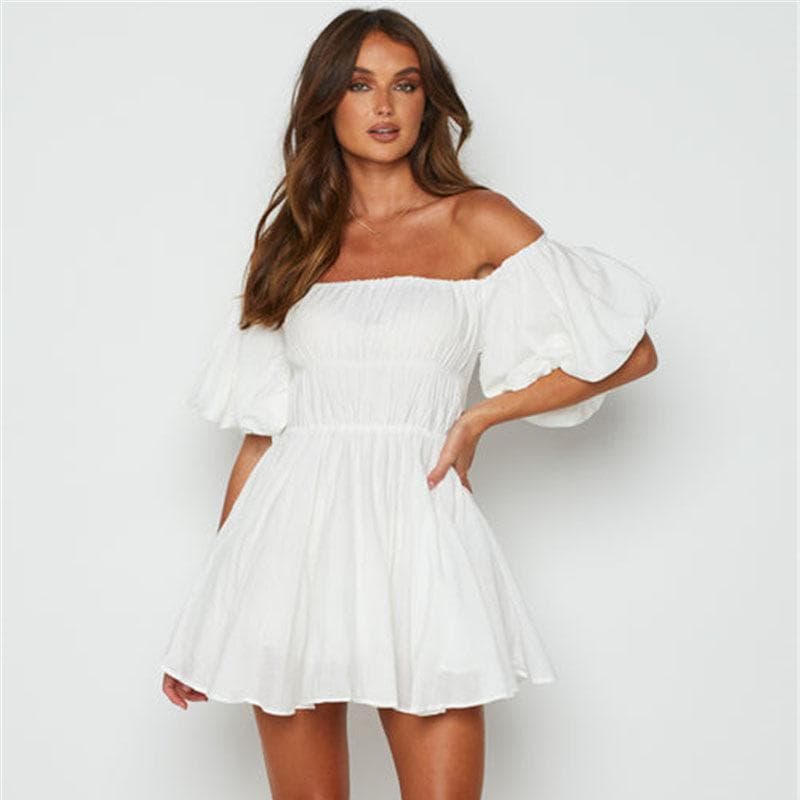 European and American Sexy Off-Neck Off-the-Shoulder Puff Sleeves Elastic Waist Fresh Sweet Big Swing Dress L white