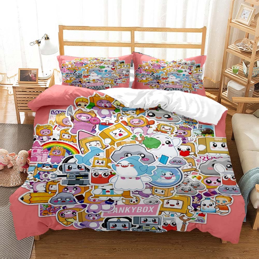 Lankybox Foxy Boxy Cute Cartoon 3D printed bedding Queen bedding set Customized King size bedding set Soft and comfortable 140x200cm 3pcs
