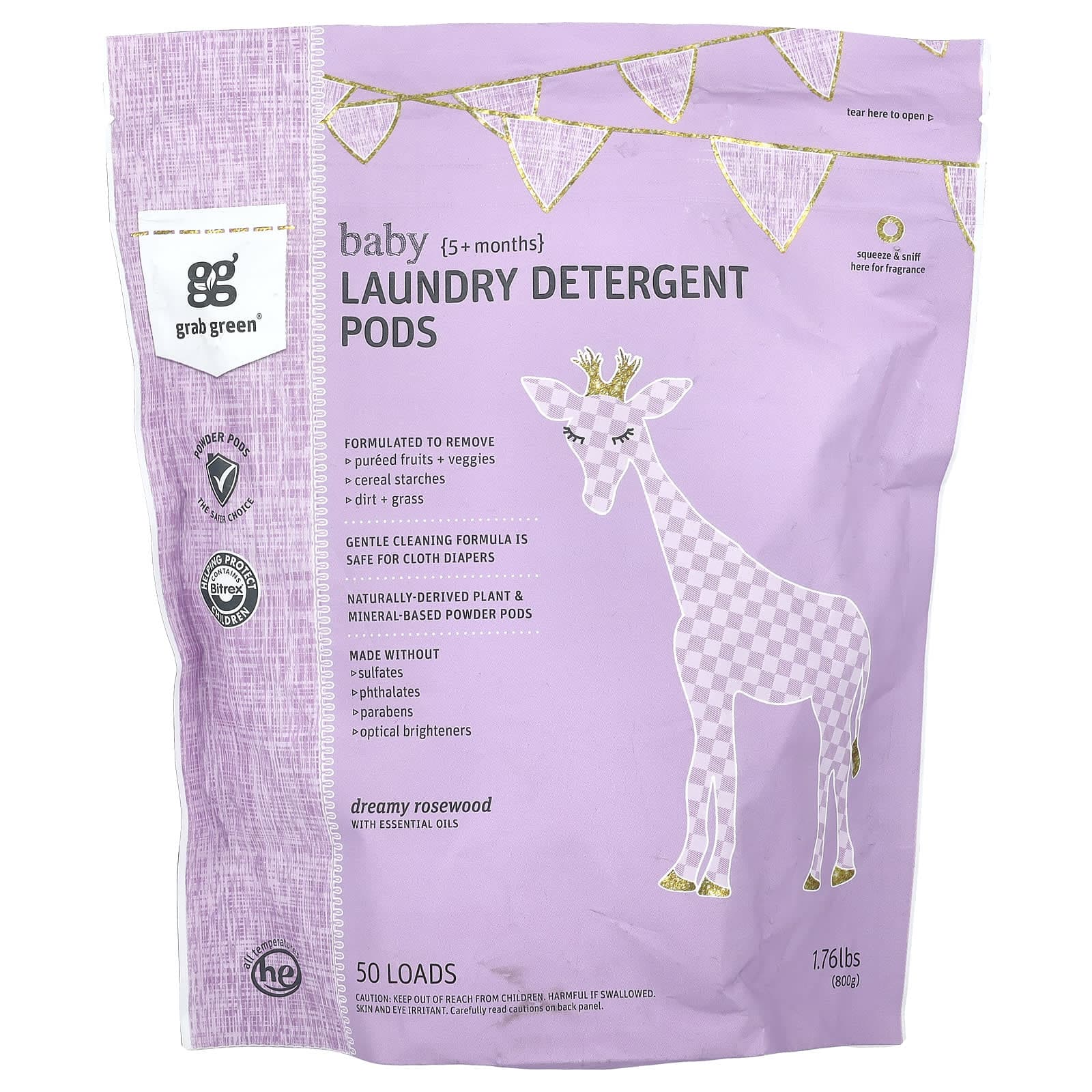 Grab Green, Laundry Detergent Pods, Infants 5+ Months, Dreamy Rosewood and Essential Oils, 50 Servings, 1.76 lbs (800 g)