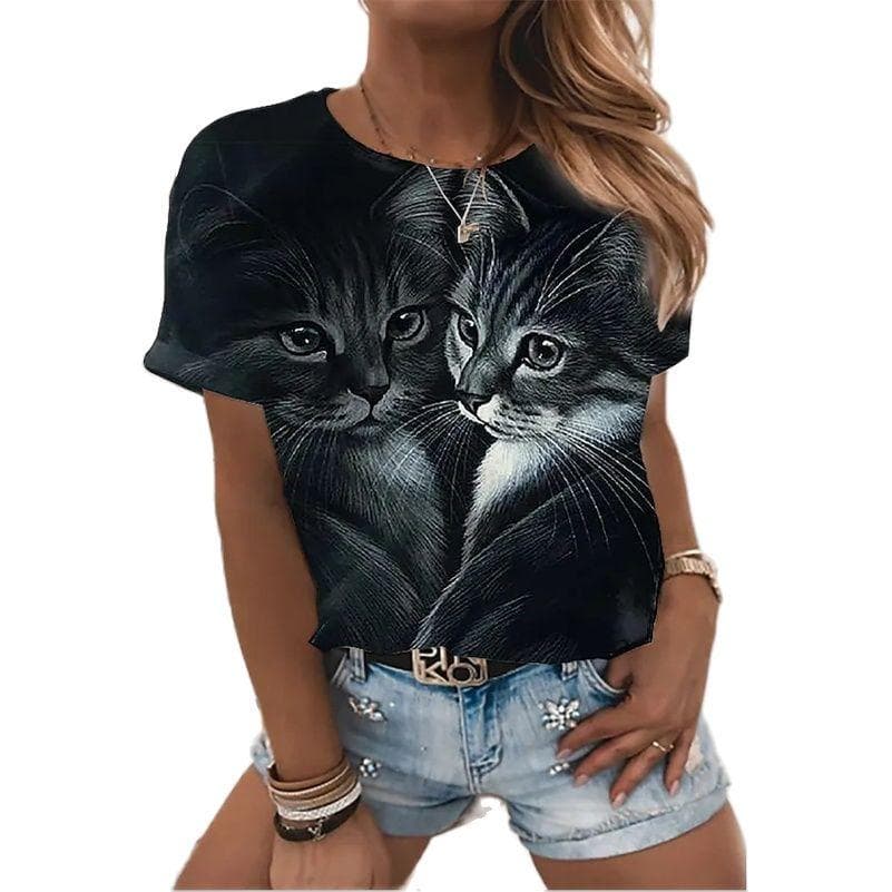 Women's T Shirt Fashion Blouse Short Sleeve T Shirt For Women 3d Cat Print Black Kawaii T Shirt Women's Oversized Summer Top XXS