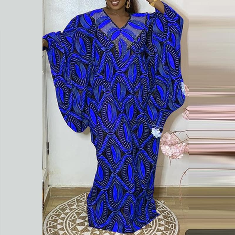 Women Plus Size Fashion V-Neck Long Sleeve Printed Dresses 5XL blue