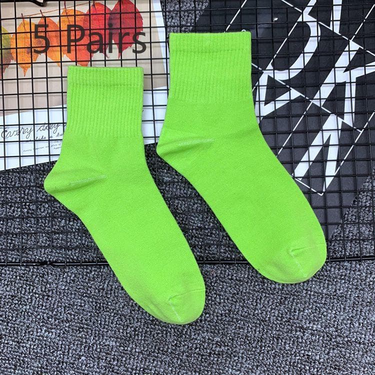 5 Pairs of Tide Solid Colour College Style Sports Mid-calf Cotton Socks Men and Women Couples Short Socks 5 pairs green