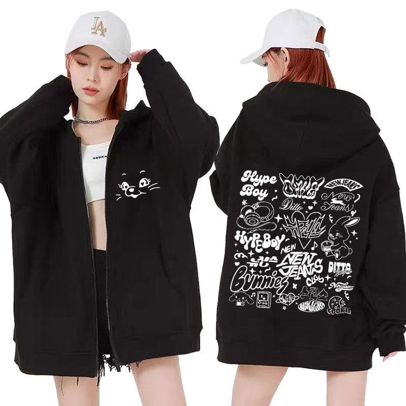 Korean NewJeans Bunny Kawaii Graphic Zip Up Hoodies Fashion Kpop Style Cute Hoodie Men Women's Casual Jackets Zipper Sweatshirts S