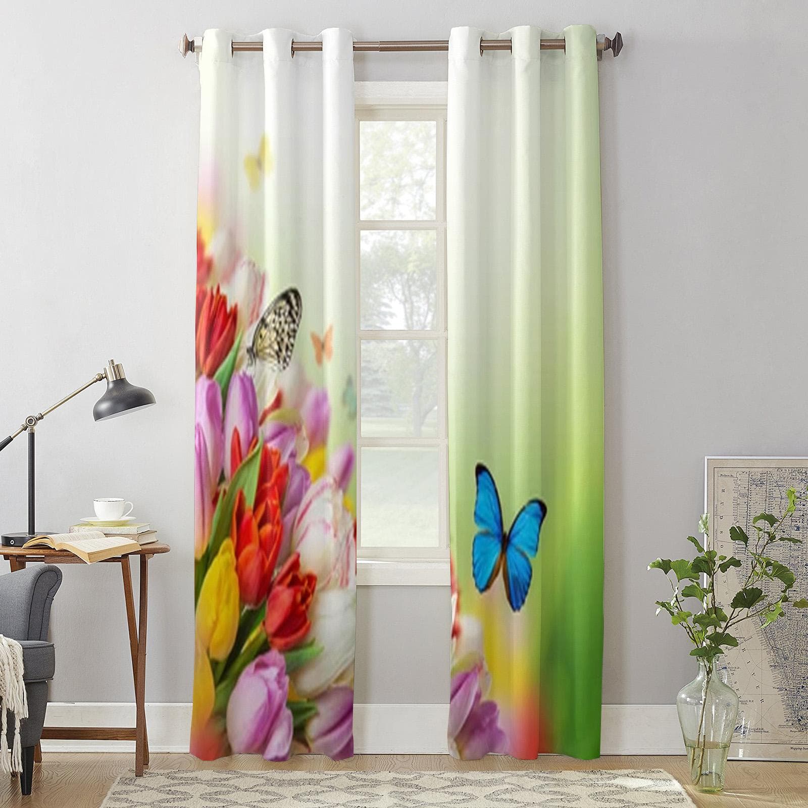 Bouquet Tulips Flowers With Butterfliers Window Curtains For Living Room Luxury Bedroom Decor Drapes Kitchen Window Treatments 135W x 60H(cm) x1