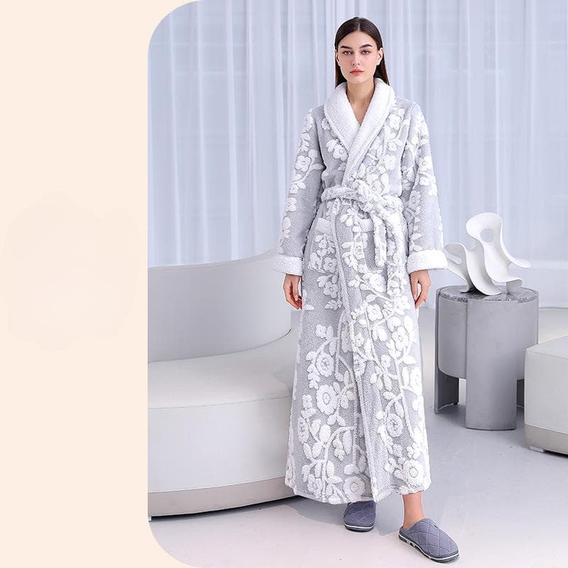 Women's Winter Luxury Robe Fluffy Fleece Dressing Gown Long Soft Warm Sleepwear Fuzzy Housecoat Cosy Bathrobe with Jacquard L