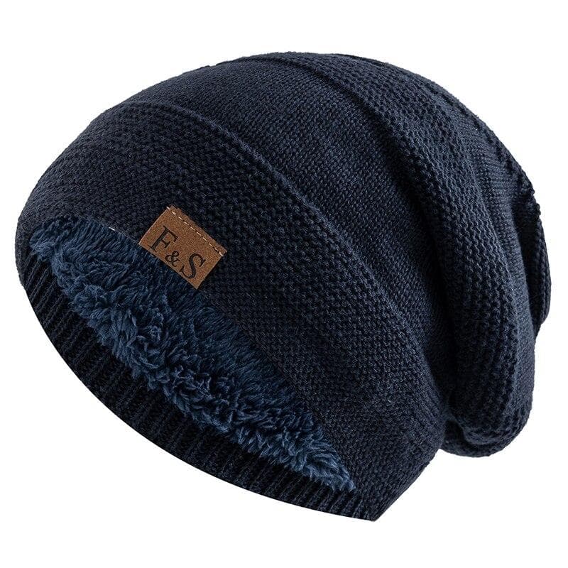 New Unisex Slouchy Winter Hats Add Fur Lined Men And Women Warm Beanie Cap Casual Label Decor Winter Knitted Hats 55cm-60cm navy blue