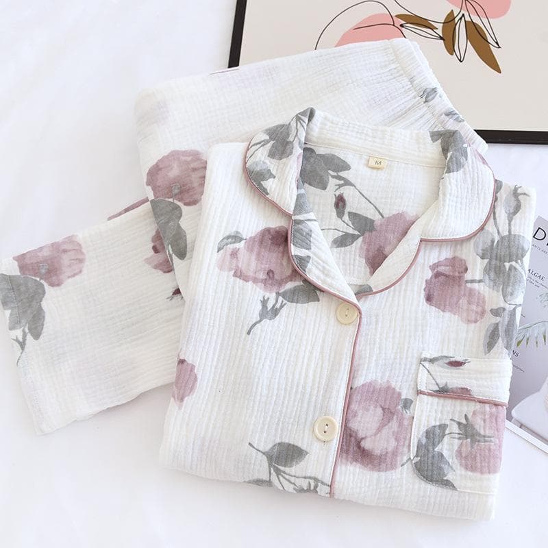 Print Flower Pajamas for Women Spring Autumn Sleepwear Trouser Suits Soft Cotton Gauze Sleepwear Nightwear Loose Casual Homewear M white