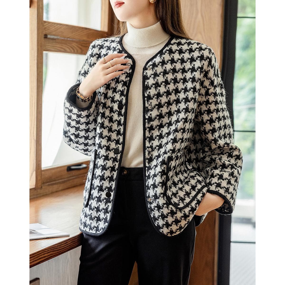 Tweed Autumn New Round Neck Loose Houndstooth Vintage Jacket for Women Short S black