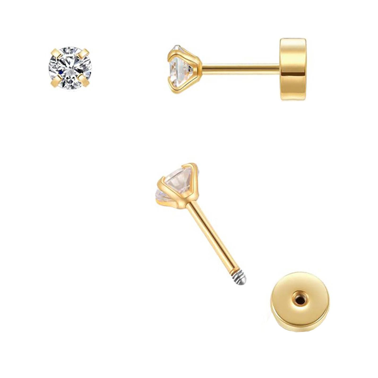 3mm Stud Earrings Gold,Flat Screw Back Zirconia Earrings Earrings Cartilage Tragus Piercing Jewelry Gift gold