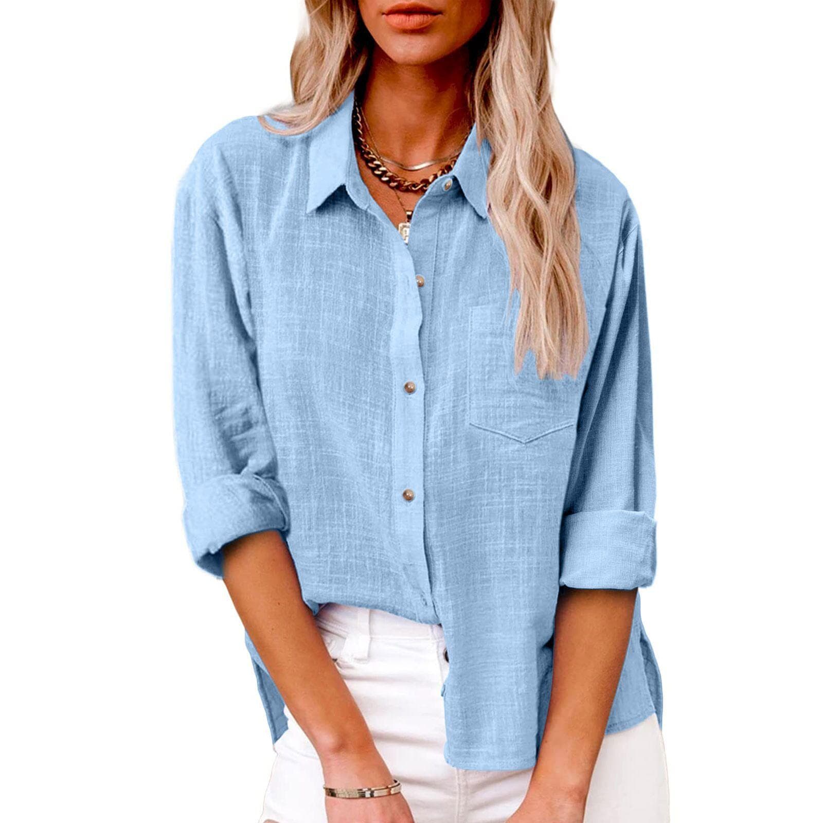 Thin Fabric Spring Autumn Pocket Split Long Sleeve Blouse Women's Breathable Soft Top Plus Size Cotton Linen Shirt L sky blue