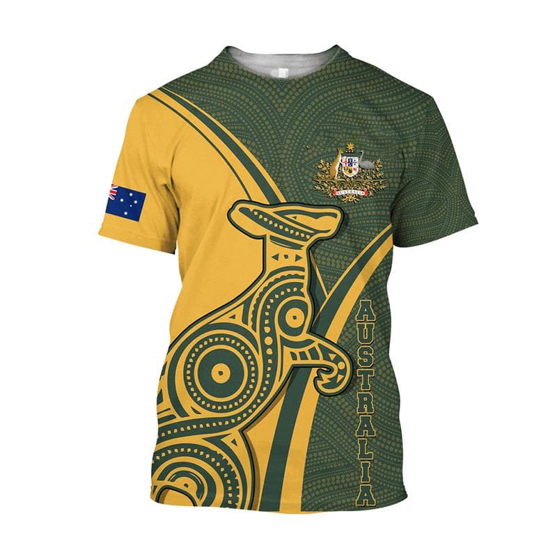 Australian Flag Kangaroo Aboriginal Painting 3D Printed Summer Men's Short-Sleeved Round Neck Daily Comfortable Outdoor T-shirt XL