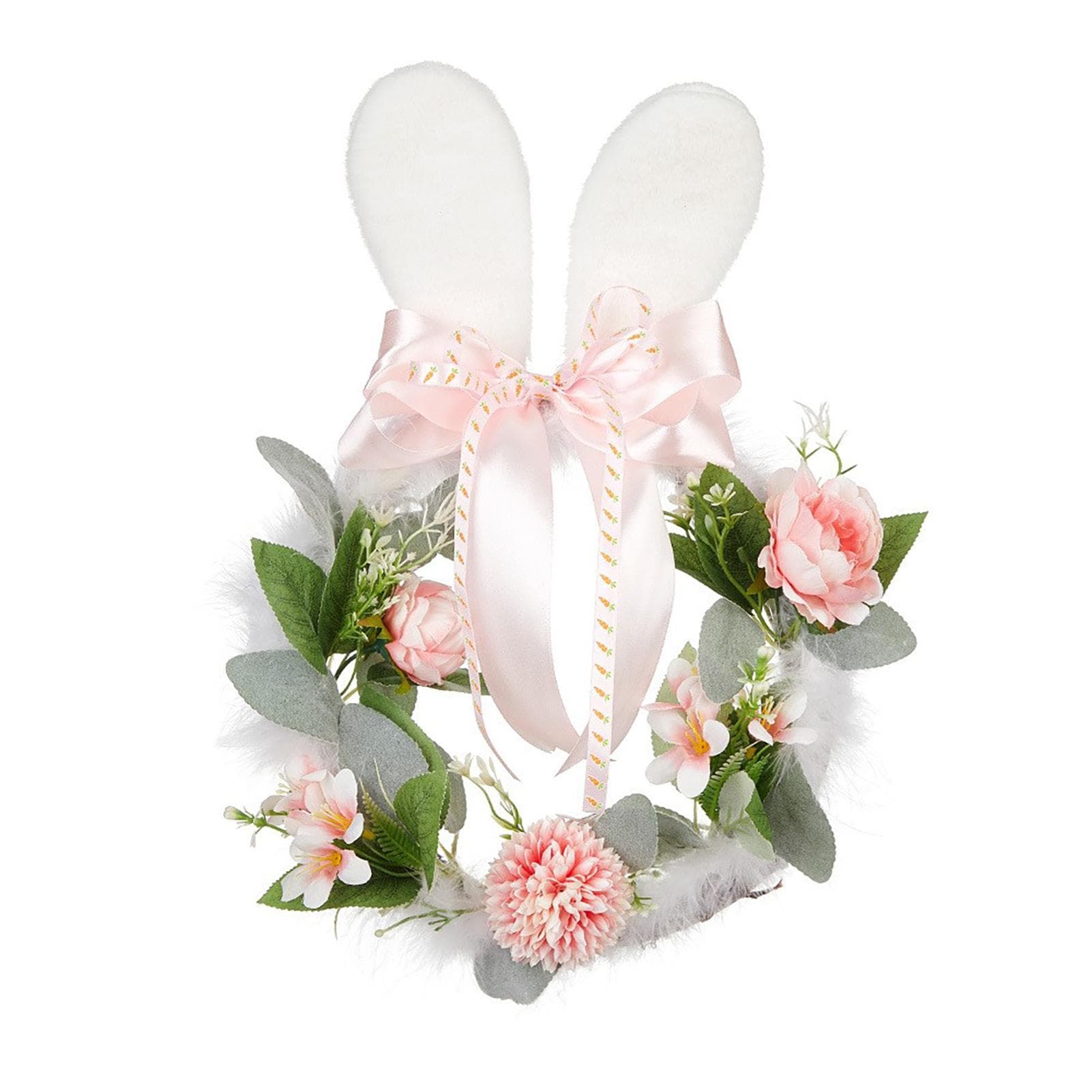 Bunny Ear Wreath Round Hanging Decorative Fluffy Rabbit Ear Easter Wreath for Front Door Home Decor 1pcs