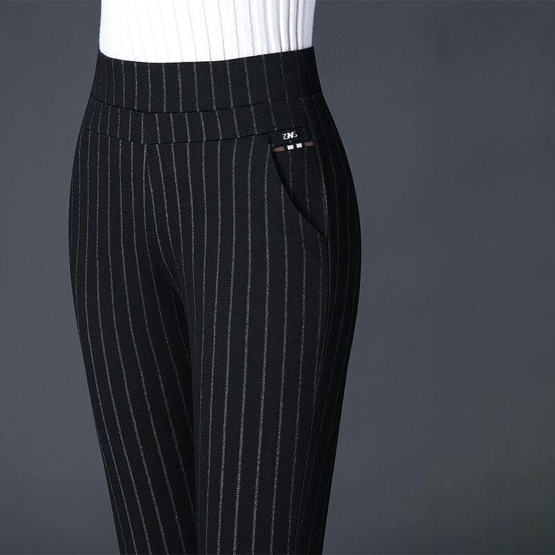 Women Elastic Waist Casual Straight Pants Female Trousers Lady Stripe Pencil Pants S cool black