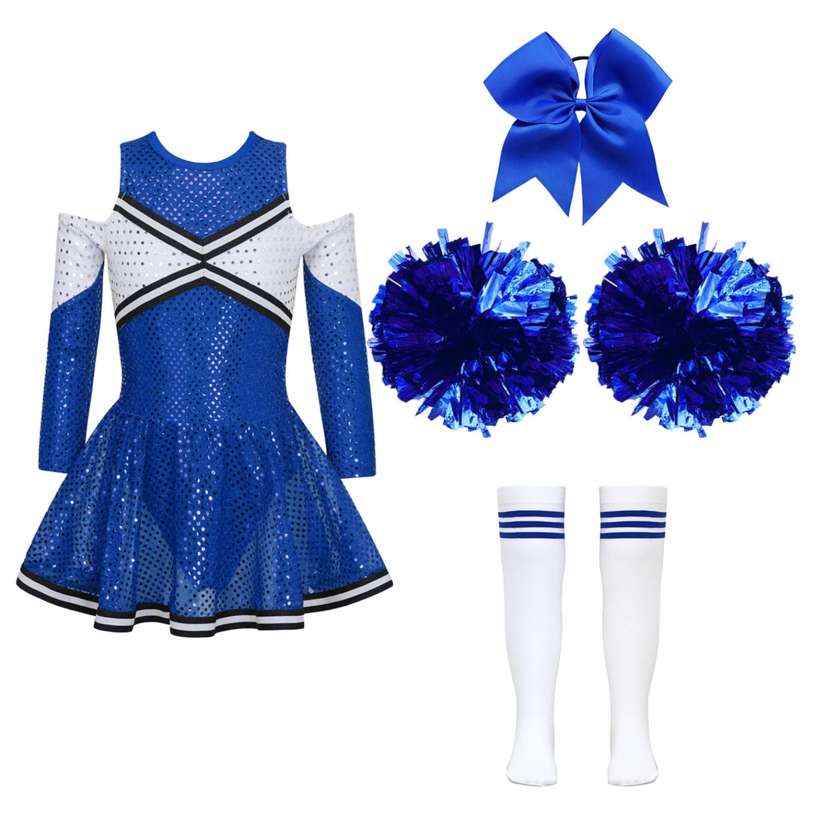 Cheerleading Costume for Girls Cheer Leader Sequins Long Sleeve Dress Set with Pom Poms Halloween Birthday Party 7-8 Years