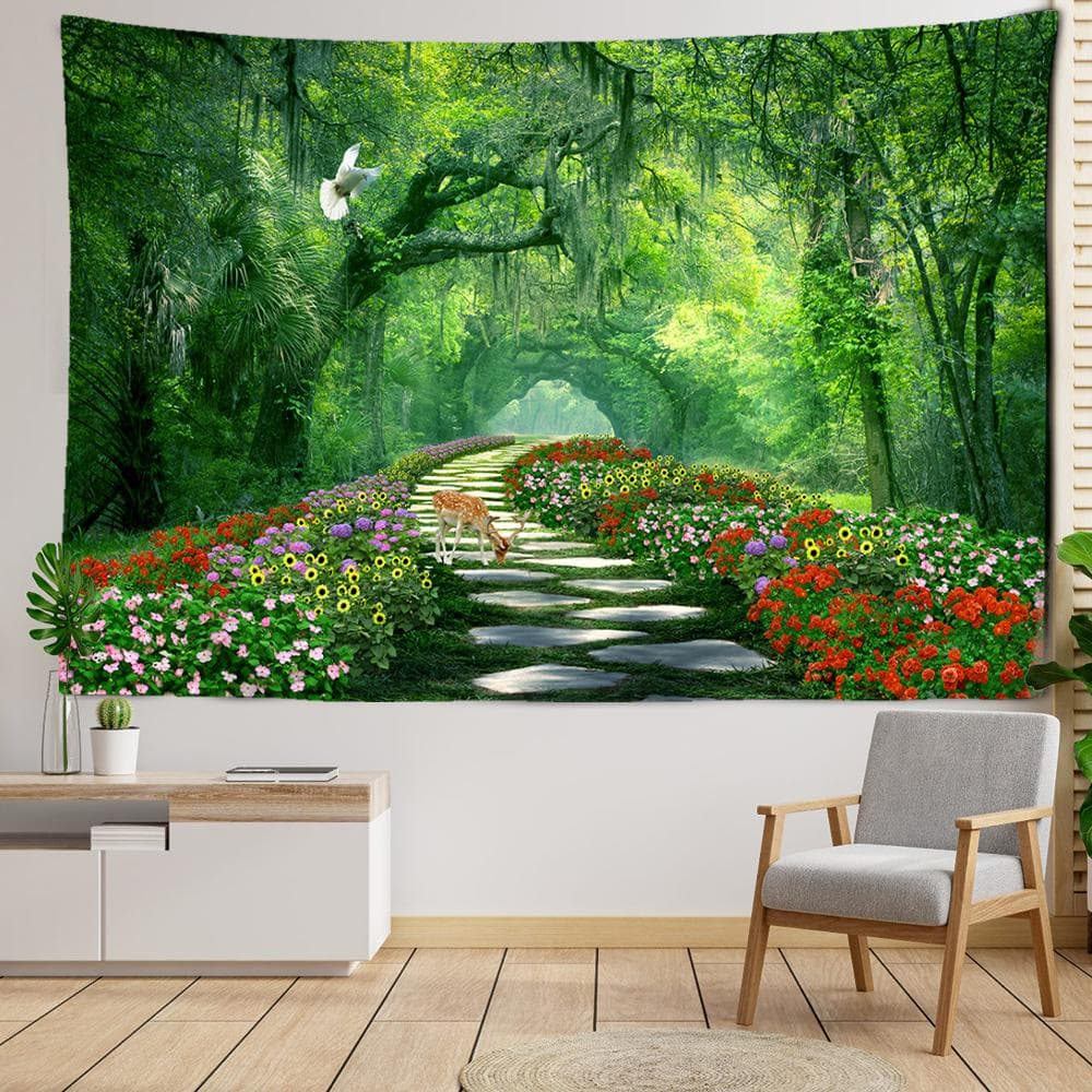 Deer Wildflower Forest Tapestry Wall Hanging Art Bohemian Modern Style Living Room Bedroom Background Cloth Home Decor 95x73CM