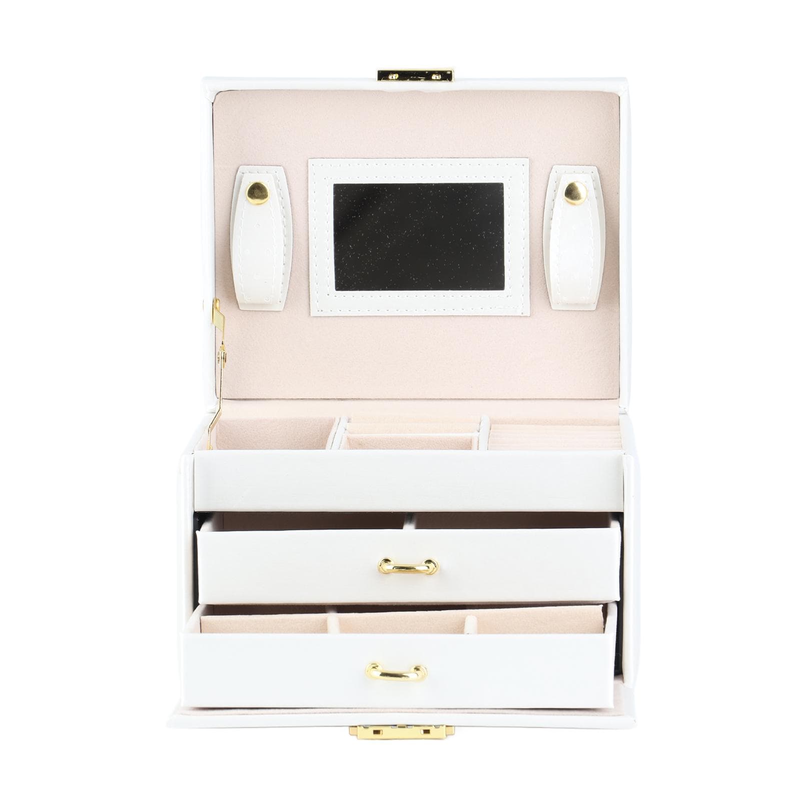 3 Tiers PU Leather Jewelry Storage Case Display Box Holder Organizer with Mirror (White) white