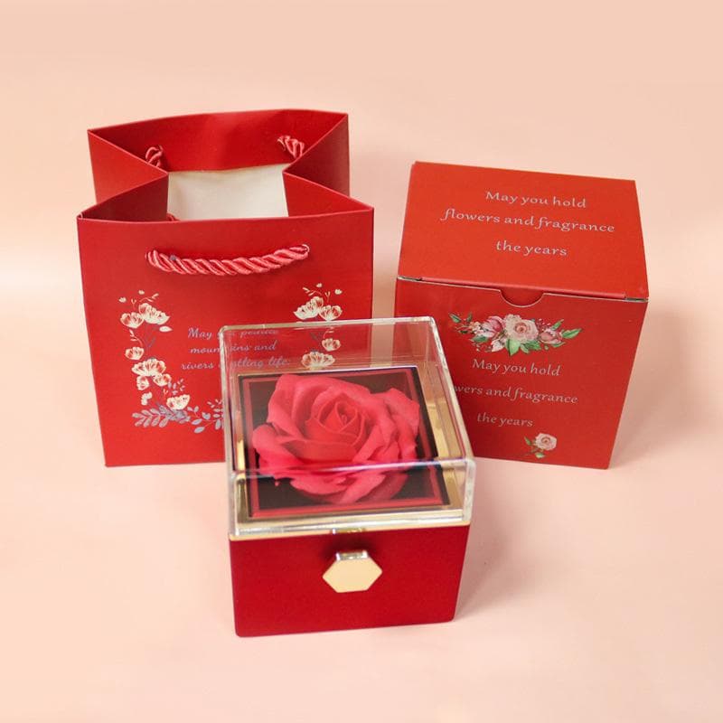 1PC Rotating Eternal Rose Flower Jewelry Box Ring Earrings Necklace Storage Boxes Wedding Valentine's Day Gift Boxes for Lovers other red
