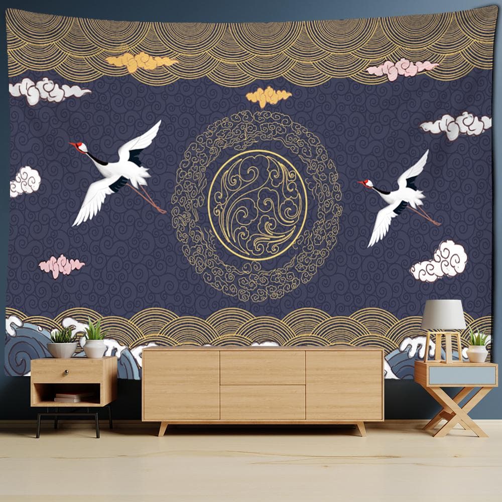 Chinese Crane Decoration Mural Tapestry Wall Hanging Bohemian Style Living Room Background Wall Decor 95x70cm