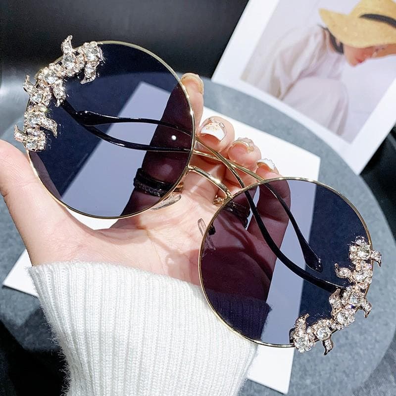 New Style Frameless Cut Edge Diamond Sunglasses Wave Design Temple Round Rhinestone Glasses