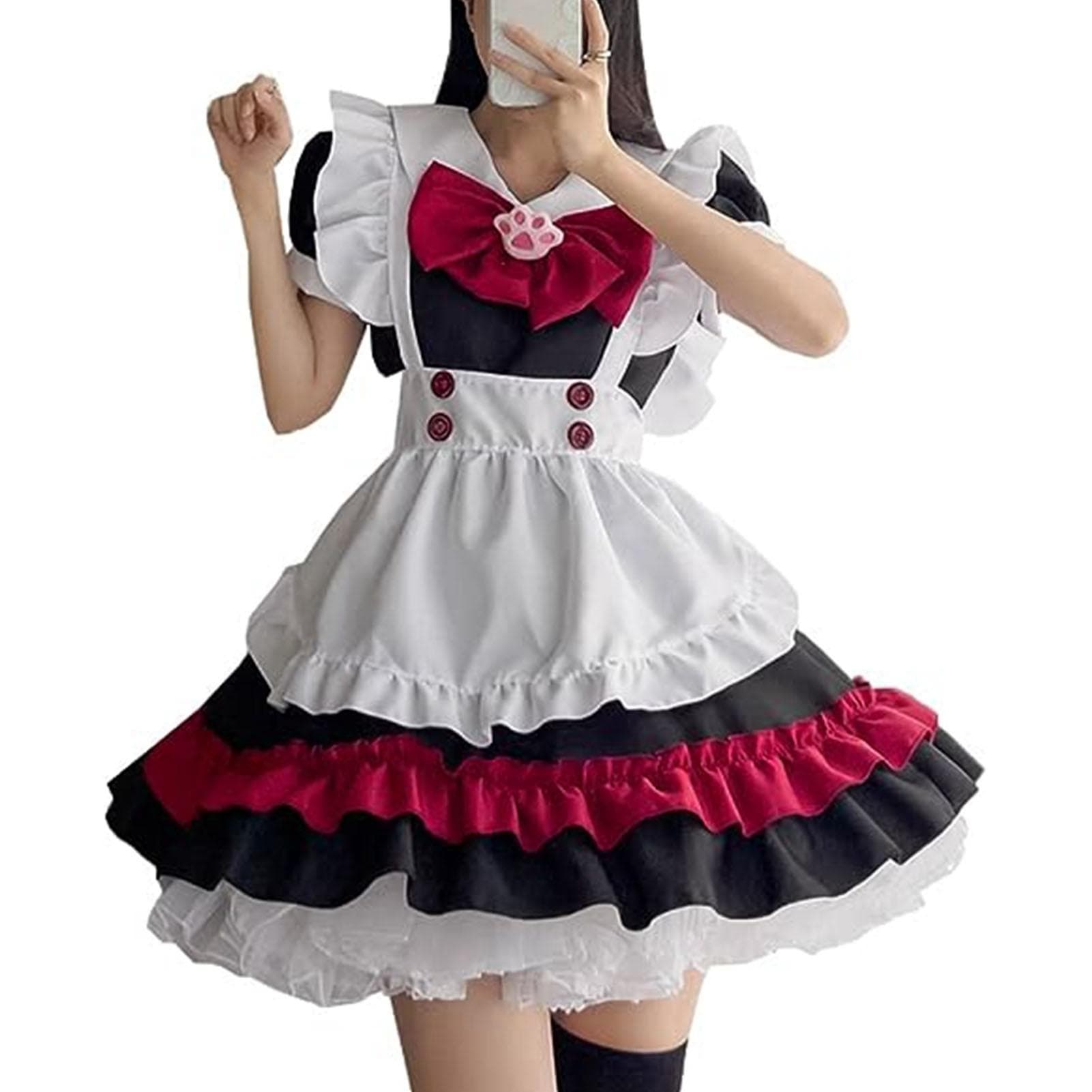 Cute Maid Dress Short Sleeve Sweet Maid Outfit with Apron Big Bow Headwear for Party Black Red XXL S red/black