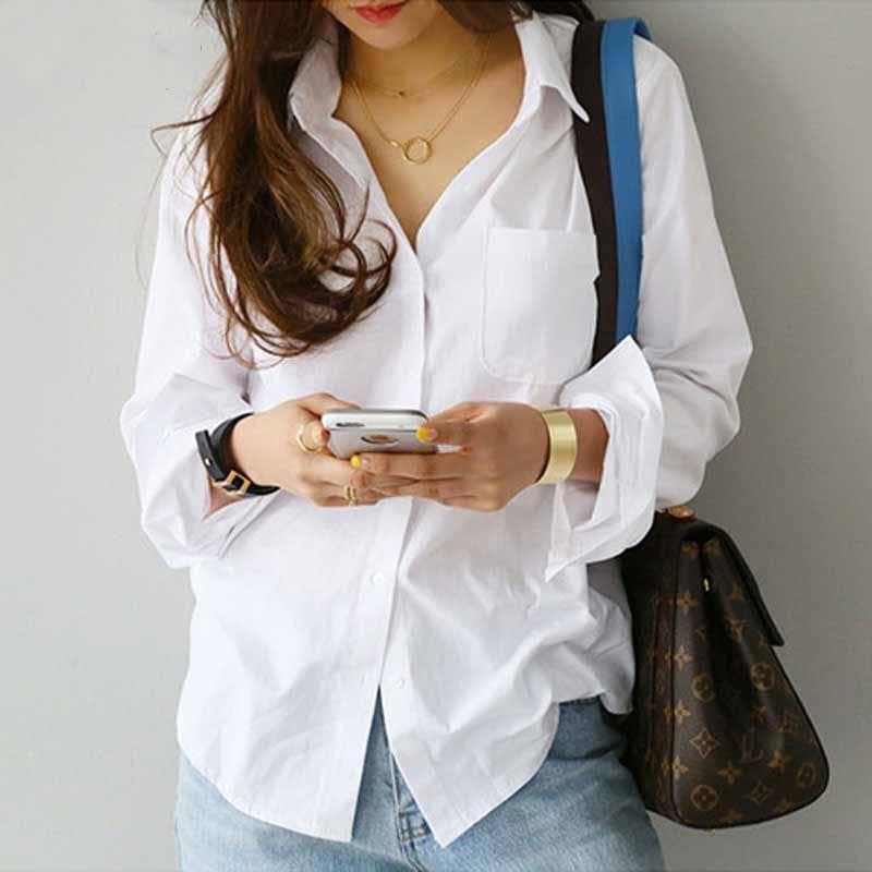 White Women Shirts And Blouses Casual Fashion Turn-down Collar OL Style Korean Office Long Sleeve Tops 4XL Loose Blouses 3496 XXXL white