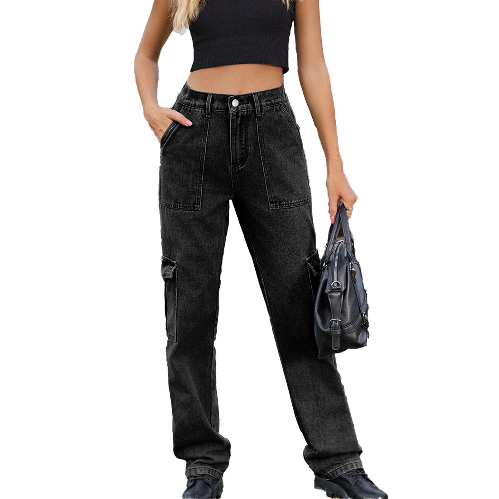 Women Baggy Pants Stylish Multi Pockets Loose Fitting Casual Long Trousers for Daily Wear Black M black gray