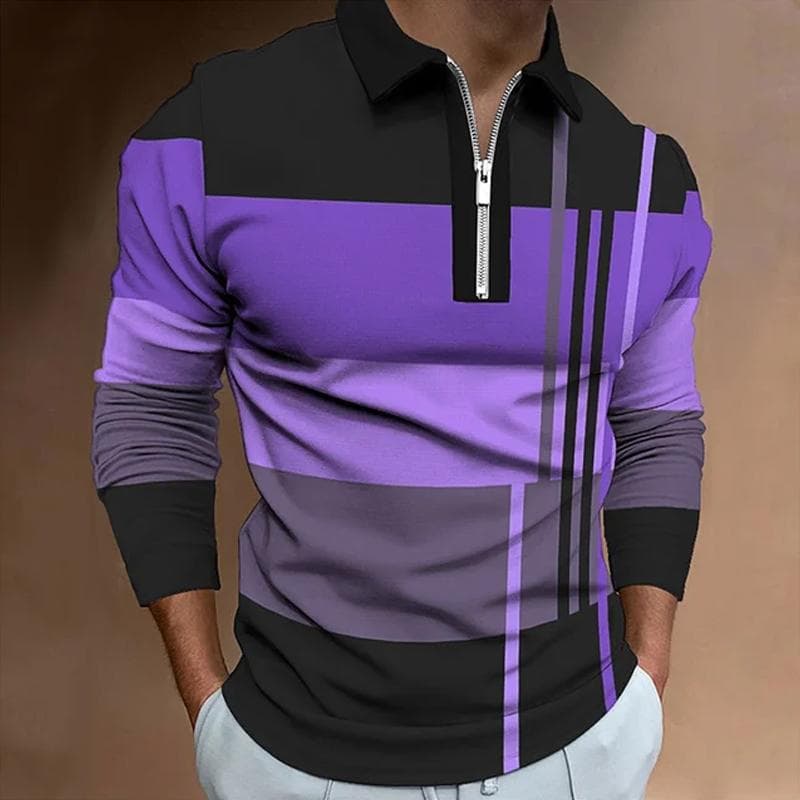 Spring Mens Zipper Polo Shirt Long Sleeve Stand Basic Blouse Tee Shirt Top Casual T-shirt Men Shirt L purple