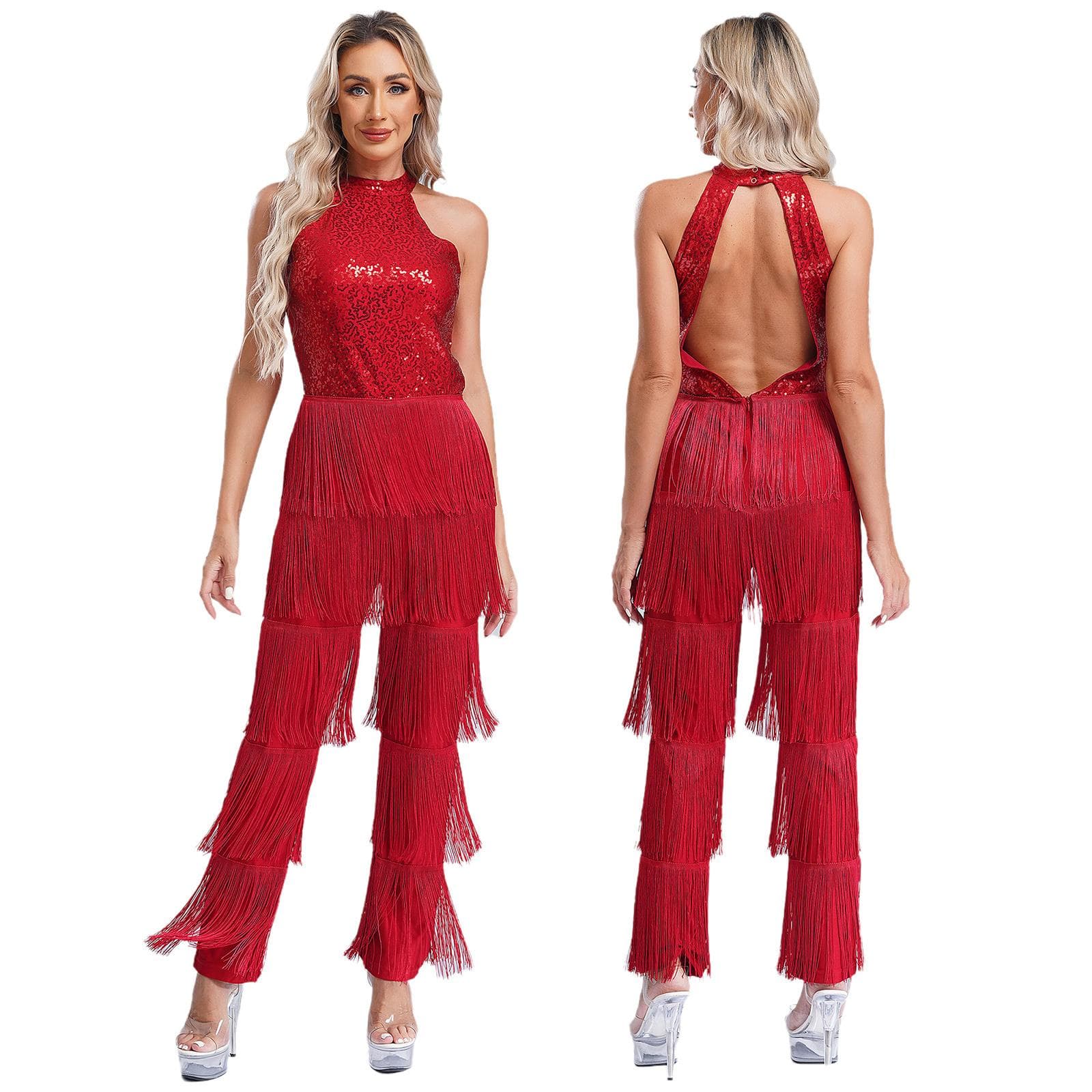 Women Sleeveless Jazz Costume Flowy Tassel Rompers Performance Dancewear Fringe Jumpsuit Tango Cha-Cha Samba Dancing Party Dress M burgundy
