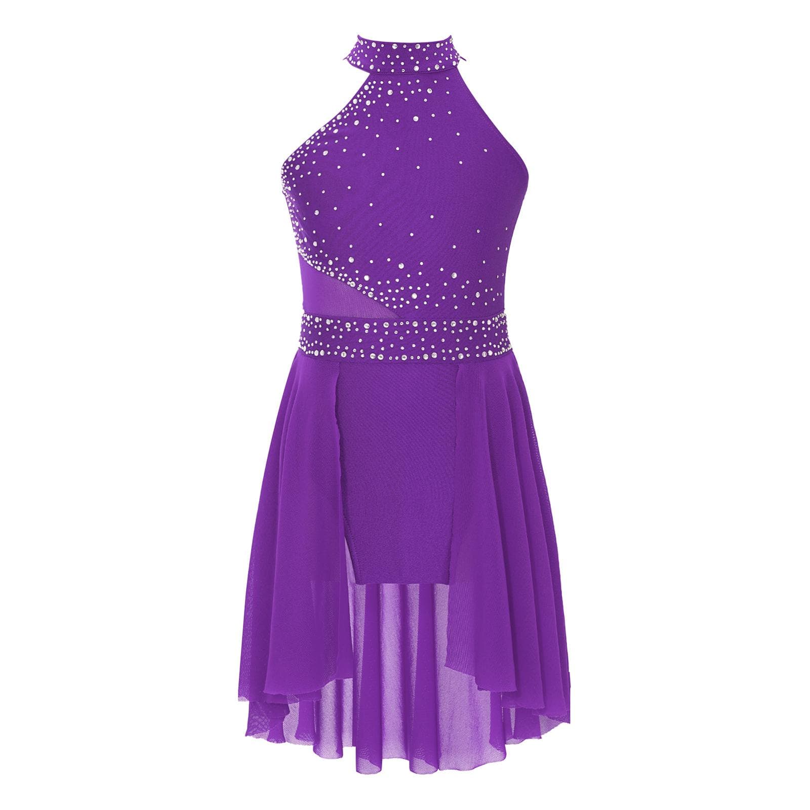 Girls Glittery Rhinestones Leotard Dress Irregular Hem Sleeveless Lyrical Dance Performance Costume 7-8 Years purple