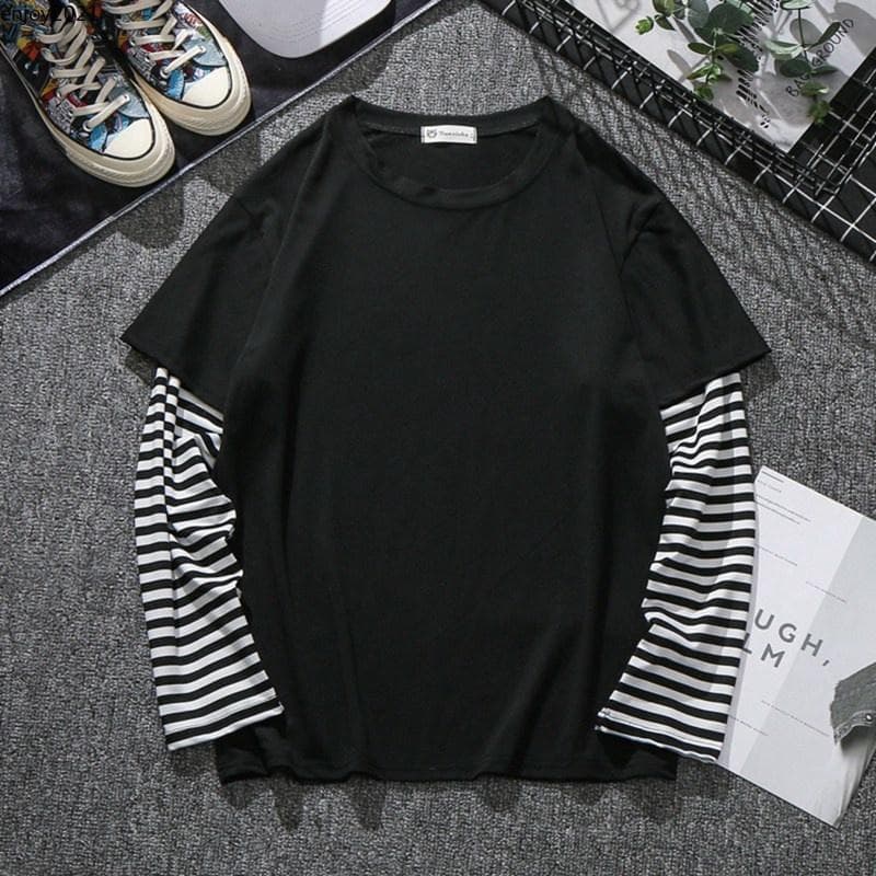 Unisex Fashion Stripes Men/Women baju t shirt lelaki Long sleeve Round neck Fake two T-shirt 2 Colors Plain Black & White L black