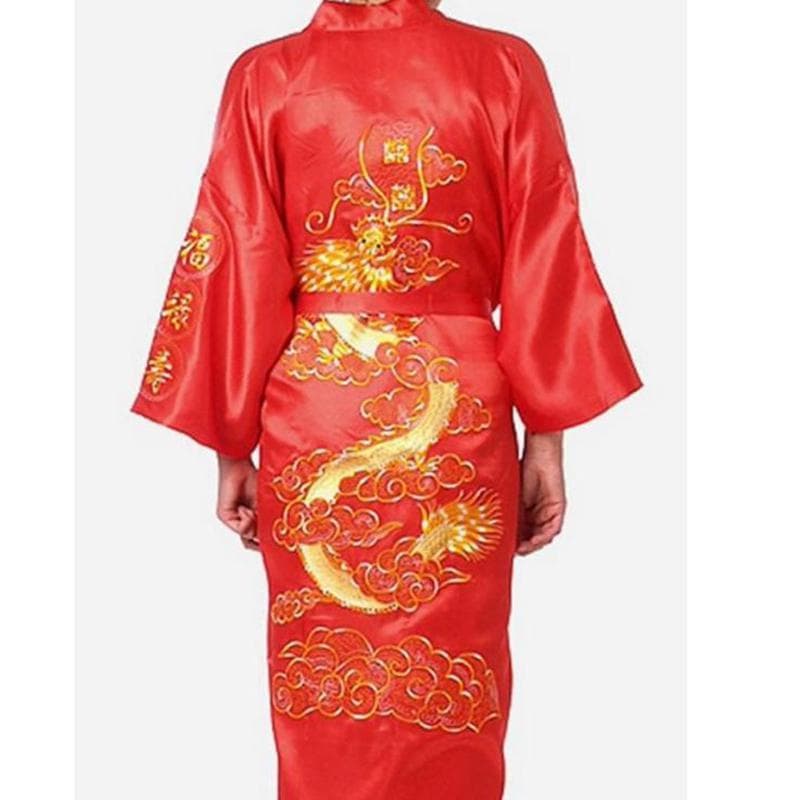 Silk Pajamas Robe Embroidery Dragon Kimono Bath Gown Sleepwear Nightgown Pajama M cardinal